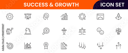 Success and growth icons illustrating achievement, progress, goals, upward trends, motivation, milestones, performance, strategy, and development.