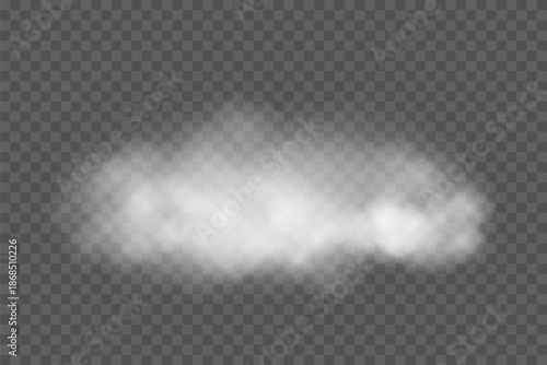 White cloud. Smoke shape on transparent background. Realistic fog texture with soft edges and natural diffusion. Atmospheric weather element. Realistic vector illustration.