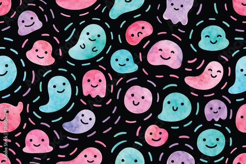 Cute Watercolor Ghost Pattern. Kawaii Floating Blob Characters Background.