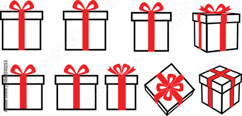 Gift, box, present, ribbon, bow, red, wrapping, variation, perspective, festive, holiday, celebration, layout, tilt, diagonal, cross, style, front, row, vector