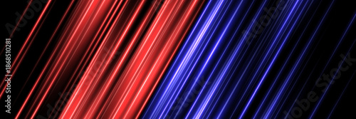 Neon light background with diagonal glowing lines in blue and red colors. Futuristic abstract laser beam pattern on dark. Dynamic motion energy pattern. Modern vector illustration.