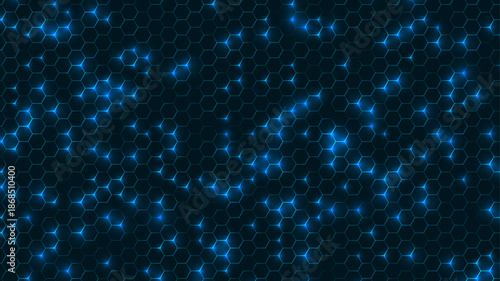 Honeycomb neon background. Glowing blue hexagonal grid pattern creates modern tech texture on dark surface. Futuristic digital vector illustration in luminous geometric style.