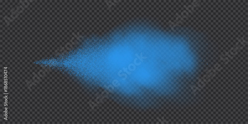 Spray splatter texture background. Blue droplets spreading outward into dispersed dots with smoke cloud on transparent backdrop. Dynamic aerosol flow. Minimal abstract vector illustration.