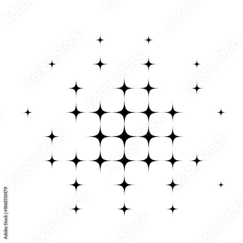Black star halftone pattern. Abstract burst of glowing sparkle shapes on white background. Retro dotted star cluster design for comics, pop art, or decorative effects. Vector illustration.