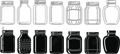 Glass and plastic jar illustration set, empty container shapes, bottle packaging designs, storage jars, kitchen container icons for product design