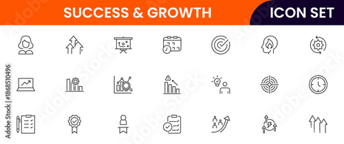 Success and growth icons illustrating achievement, progress, goals, upward trends, motivation, milestones, performance, strategy, and development.