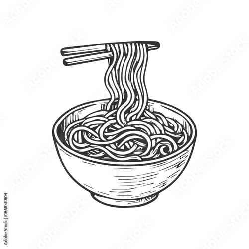 Noodles in bowl with chopsticks hand drawn sketch