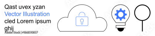 Cloud computing, data protection, cybersecurity, innovation, secure storage, digital search. Cloud with lock, gear in light bulb and magnifying glass. Cloud computing and data protection concept