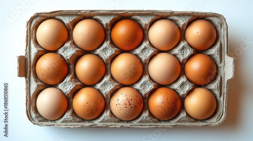A carton holding 15 brown‑shaded eggs with varying speckles, arranged in three rows of five in a molded paper tray.