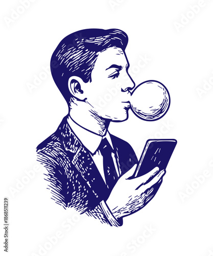 Businessman blowing bubblegum and using smartphone multitasking