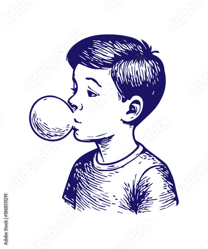 Boy blowing bubble gum retro style illustration