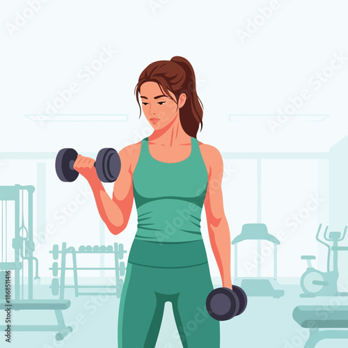 Fit woman performs bicep curls with dumbbells improving strength and health