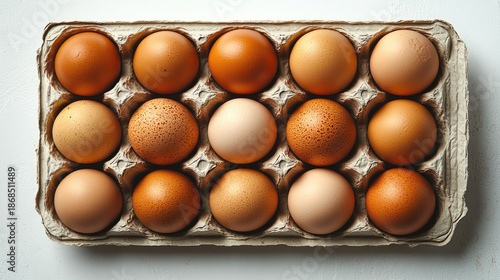 A carton holding 15 brown‑shaded eggs with varying speckles, arranged in three rows of five in a molded paper tray.