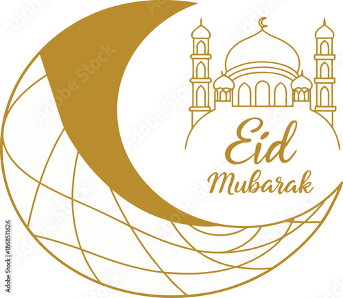 Minimalist Eid Mubarak greeting card design with mosque and crescent moon