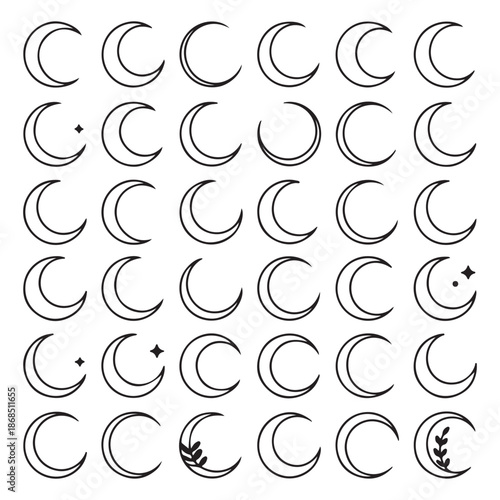 Phases of moon, boho moon illustration. Lunar phases. First and last quarter. Bohemian decoration crescent
