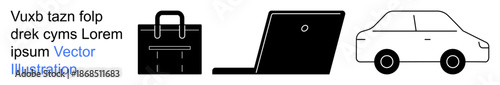 Business tools, modern technology, transportation, corporate , work-life balance, professional lifestyle. Stylized line art of a briefcase, laptop and car. Business tools and modern technology