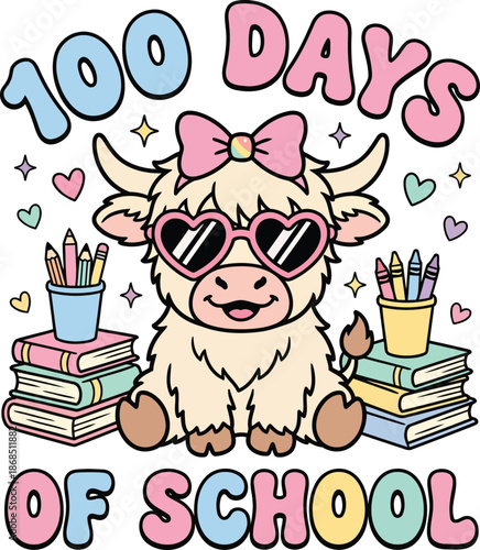 100 Days of School Cute Cow Illustration with Books, Pencil Cups and Heart Glasses.