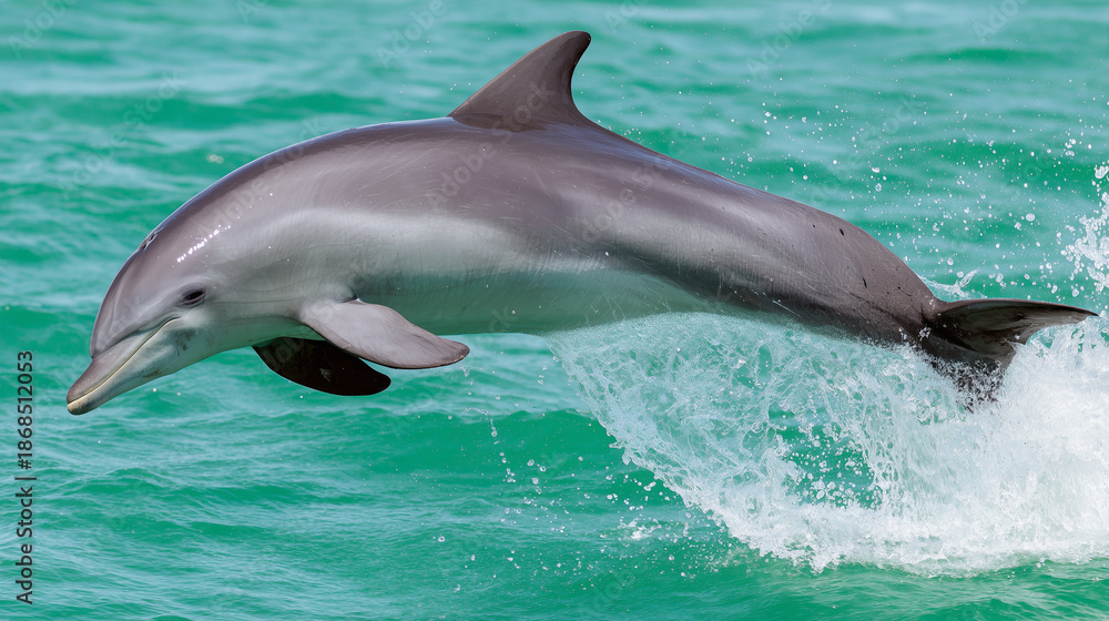 Fototapeta premium Dolphin leaping from turquoise ocean waters, dynamic marine life in motion. wildlife magazines, conservation campaigns, designed for nature documentaries and education.