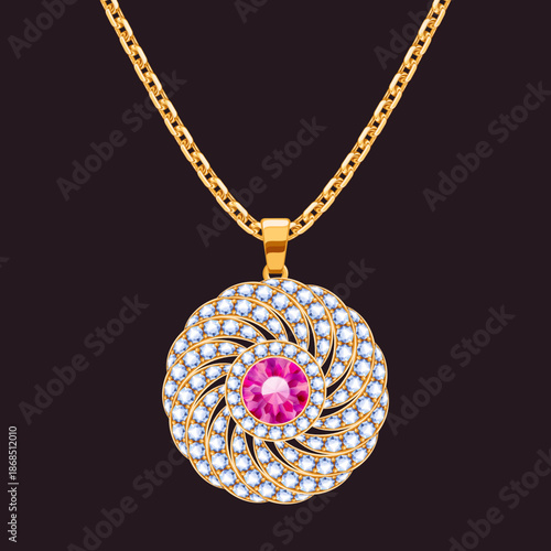 Round pendant with precious stones on a golden chain. Jewelry with ruby and diamonds vector