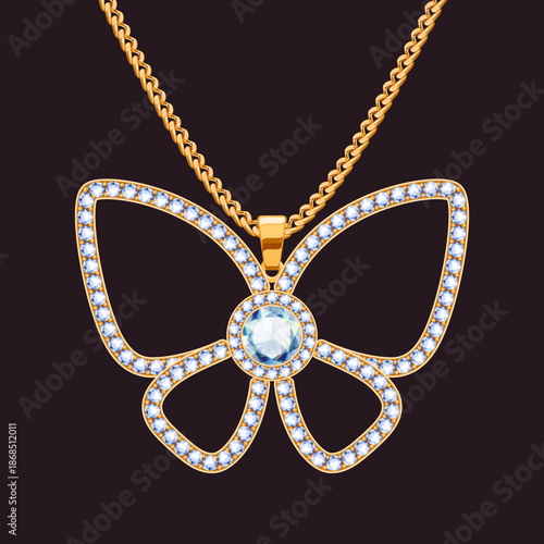 Butterfly pendant with precious stones on a golden chain. Jewelry with diamonds vector
