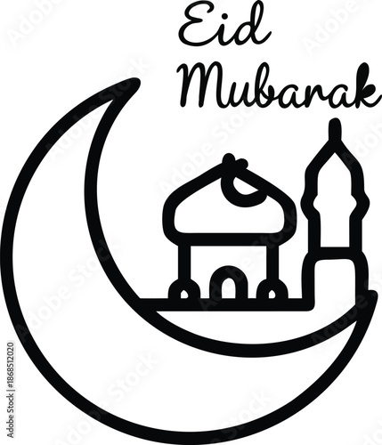 Minimalist Eid Mubarak greeting card design with mosque and crescent moon
