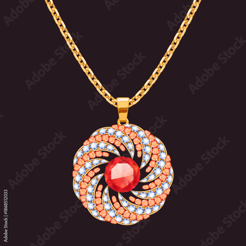 Round pendant with precious stones on a golden chain. Jewelry with ruby and diamonds vector