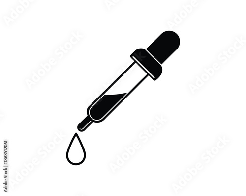 Black outline dropper with liquid and falling drop on white background pipette science