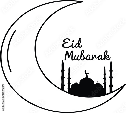 Minimalist Eid Mubarak greeting card design with mosque and crescent moon