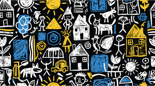 Seamless Naive Doodle Pattern Folk Art Children's Drawing Style