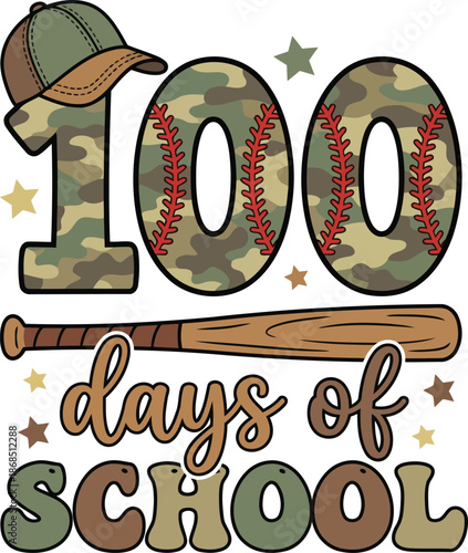 100 Days of School Baseball Typography with Bat, Cap and Camo Style Numbers.