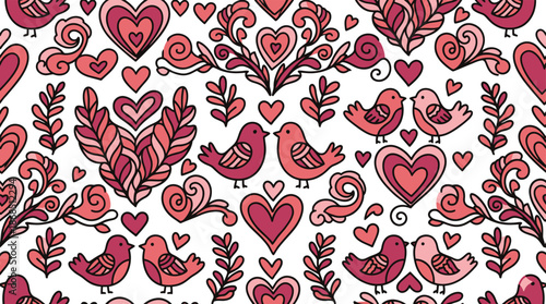Seamless Valentine's Day Pattern with Doodle Lovebirds and Hearts
