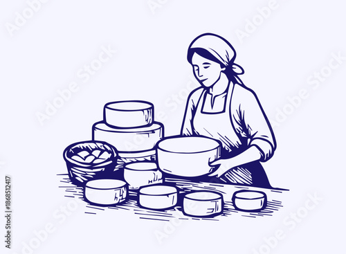 Woman cheesemaker preparing fresh artisan cheese wheels sketch