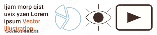 Data analysis, visual media, eye tracking, analytics, media playback, and icon design. Circular chart, eye symbol and play button in a clean layout. Data analysis and visual media concept