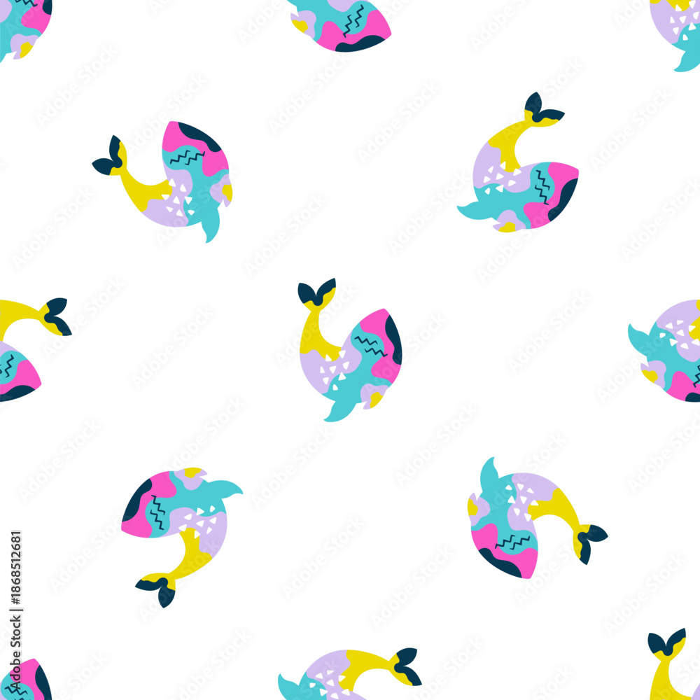 Obraz premium Seamless Pattern of Abstract Whales with Vibrant Pop Art Colors on White Background. Modern Artistic Whale Vector Illustration