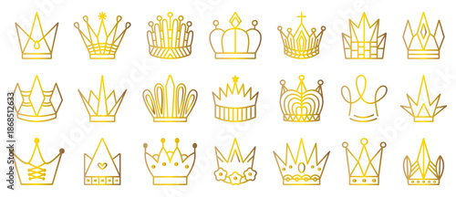 Gold line crown icon vector set, decorative outline royalty signs. Golden gradient decorative luxury cliparts, elegant king and queen pictograms