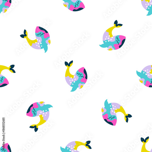 Seamless Pattern of Abstract Whales with Vibrant Pop Art Colors on White Background. Modern Artistic Whale Vector Illustration