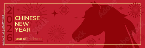 Banner for Chinese New Year 2026. Silhouette of a horse's head on a red background, fireworks, and stars. Vector. EPS 10.