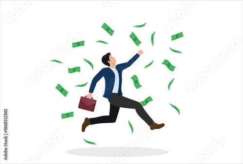 Success businessman achieve financial freedom, happy millionaire with plenty of money and wealth, income or salary increase or career opportunity concept, happy businessman jump high with money rain.