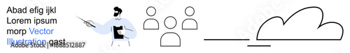 Business strategy, cloud technology, training sessions, online education, teamwork, data management. Includes teacher pointing to a board, audience symbols and a cloud design. Business strategy