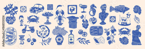 Blue and White Icon Collection Featuring Seafood Vehicles and Decorative Motifs.