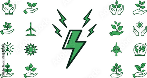 Green, energy, sustainability, eco, electricity, renewable, environment, conservation, power, symbol, nature, icon, wind, solar, globe, leaf, plant, lightning, clean, resource