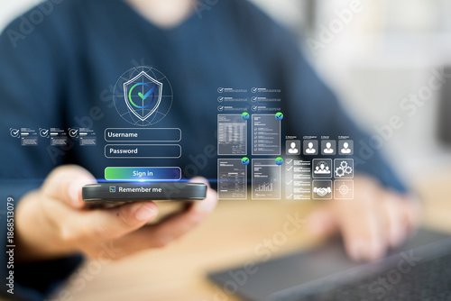 Secure business document requires privacy safety lock. Validation check mark on network mail account ensures compliance term approval. Technology uses identity shield to certify login