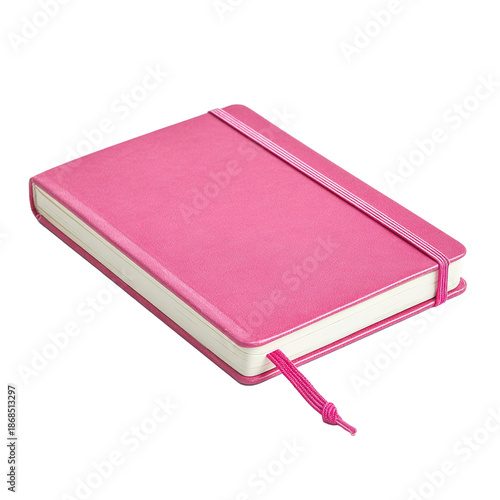 Pink Leather Notebook with Elastic Band and Bookmark Ribbon Isolated on tranpsparent Background