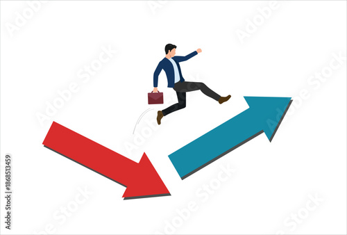 Economic and investment improvement or recover from crisis, stock market or crypto uncertainty, change from down turn to rising up concept, businessman investor jumping from red to rising up arrow.