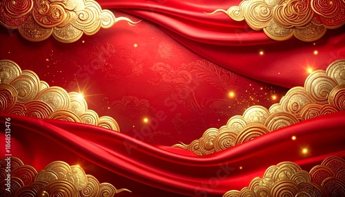 Vibrant red silk fabric with golden clouds and sparkles for luxury design