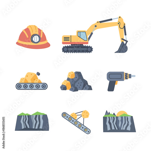 Collection of flat icons depicting mining and construction equipment and materials