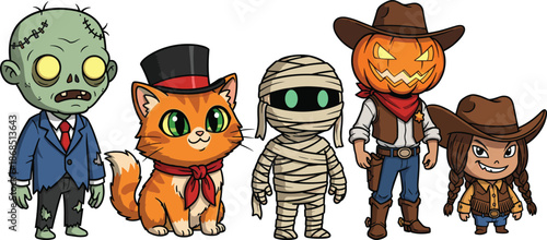 Halloween cartoon characters, zombie, mummy, pumpkin head, cowboy costumes, spooky cat, cute kids, festive illustration, costume party, vector art
