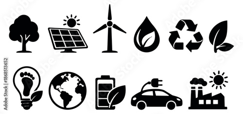 Glyph ecology icon set featuring clean energy, recycling, and nature symbols for environmental sustainability