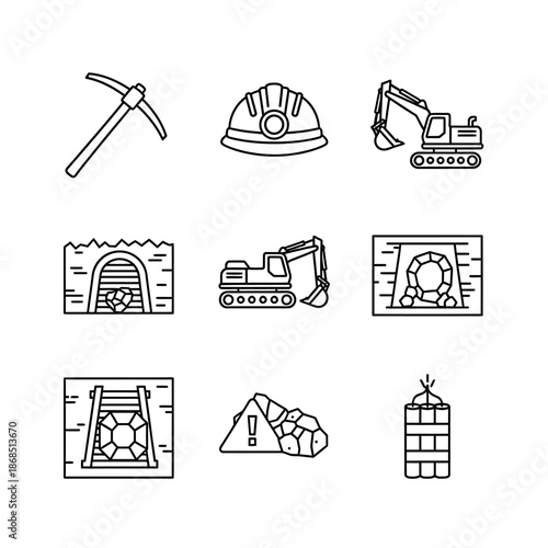 Collection of linear icons depicting essential elements and equipment used in the mining industry, including excavation, safety, resources, and underground operations