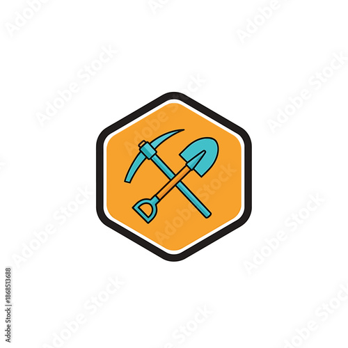 Icon representing mining or construction tools like a pickaxe and shovel within a hexagonal frame